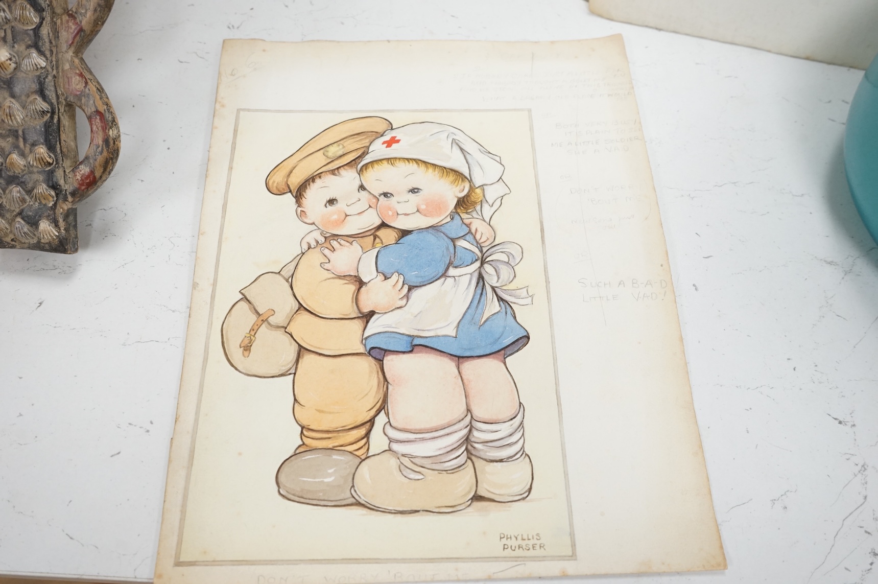 Phyllis Purser (1893-1990), a set of four original watercolours for children's postcard designs, WWII interest to include Kiss me Sergeant?’ And ‘Sailors Don’t Care’, each signed, unframed, 32 x 25cm